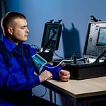 Man Using an Equipment on a Desk and Measuring his Blood Pressure